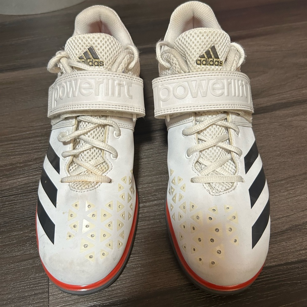 Adidas White and Black Powerlift Athletic Shoes with Velcro Strap